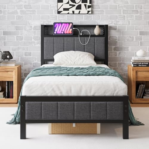 BORPHOM Sängram med laddningsstation, enkelsäng, gästsäng, metallsäng, klädsel, 90 x 200, sängram av metall, ungdomssäng, med ribbotten, sänggavel i grå, för sovrum, gästrum