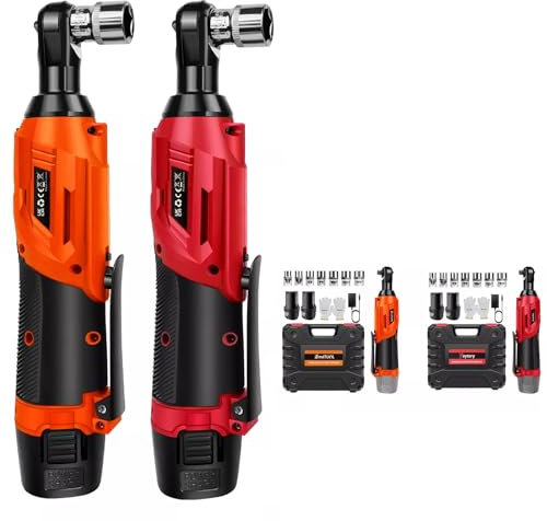 Lucn Red 500Nm Electric Cordless Right Ratchet 3/8'' 90 Angle Wrench Power 2 Battery Kit