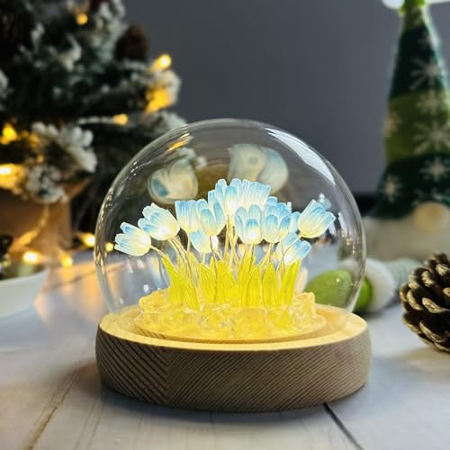 (20 Flower) Assembled Tulip Lamp Night Light with Glass Dome, Cool Handmade Artificial Flower Table Lamp Bedroom Desk Decoration for Women Girlfriend Sister Besties Birthday Gift Unique (Blue)