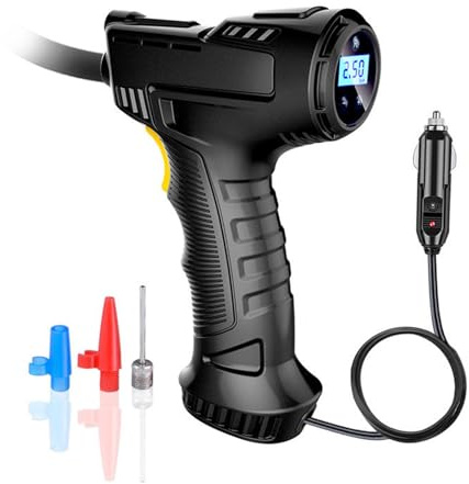 Zjyufy Kabelloser Reifenfüller, Luftkompressor, 12 V, per USB wiederaufladbar, mit digitalem Manometer und 3 Düsen, automatische Abschaltung, Autoreifenpumpe für Auto, Motorrad, Fahrrad
