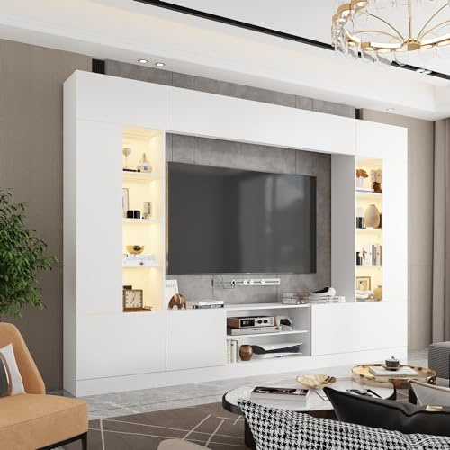WOODTIME White 114 Large Wall Unit Entertainment Center with Bookshelves, Lights and 18 Shelves, Modern 4-Piece TV Stand Media Console Table with Bridge Cabinet for Living Room & Home Theater