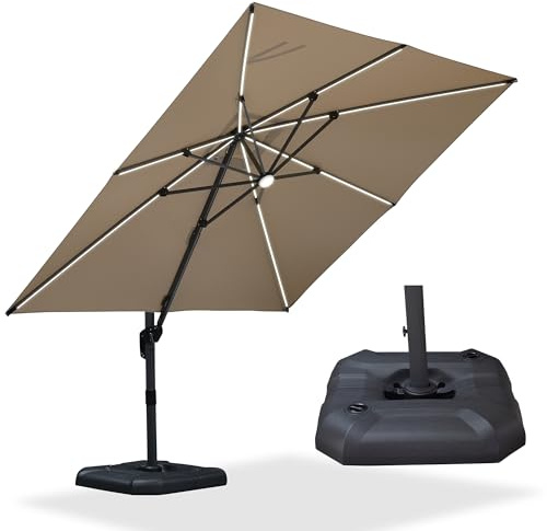 PURPLE LEAF Sombrilla 3 x 3 m con Base, Sombrilla Terraza Exterior con Luz LED, Tejido 240g/m² Protección UV 50+, Inclinable y Rotación 360° para Jardín Balcón Patio Piscina, Beige