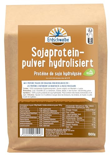 Erdschwalbe Hydrolisiertes Sojaprotein, Vegan, Glutenfrei, 1 Kg | Ohne Zusatzstoff, Ohne Süßungsmittel, Eiweißpulver