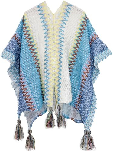 Miaikvs Poncho da donna a righe colorate stile etnico vintage scialle cappotto scialle lavorato a maglia avvolgere cardigan aperto davanti per le donne, Blu Bianco 1, Taglia unica