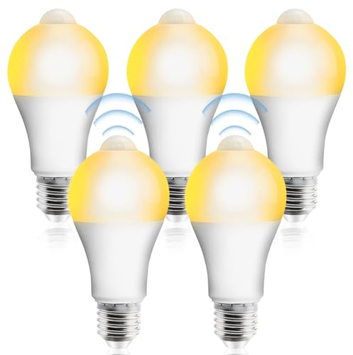 Leikurvo 5 Stück E27 LED Glühbirne mit Bewegungsmelder, LEDBirne mit PIR Bewegungsmelder E27-LED Lampe 12W Warmweiß 2700K Lichtsensor Energiesparlampe für Flur, Garage, Treppe, Balkon