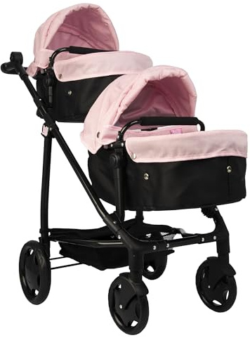 Dolly Tots Passeggino per bambole gemellate, rosa e nero, doppio con maniglia regolabile e diverse opzioni di seduta, adatto a partire dai 3 anni