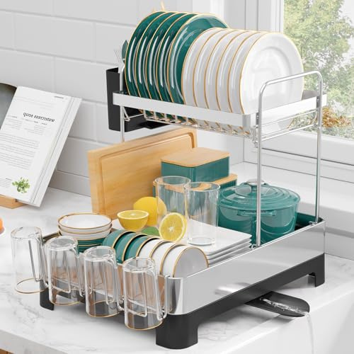 Kitsure Abtropfgestell Geschirr – 2-Tier Abtropfgestell Badezimmer-Abtropf, und Tassenhaltern, platzsparendes Geschirrabtropfgestell für Küchenarbeitsplatten, 38,6 x 32,0 x 44,5 cm, Schwarz