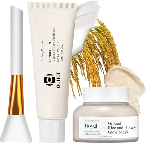 Rice Probiotics Sunscreen Spf 50+ PA++++ avec Rice Beauty Mask,Rice Sonnencreme,Feuchtigkeitsspendende Sonnencreme,Leichte Textur,Nicht Fettend,Starker UV-Schutz,für Alle Hauttypen,Korean Skincare