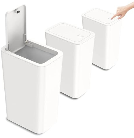 Kongming Mülleimer Bad 3 stück Mülleimer Küche Schmal, Badmülleimer 10L Abfalleimer mit Deckel Geruchsdicht für Küchen, Badezimmer, Büro, Wohnzimmer, Schlafzimmer, WC (Mülleimer Weiß)
