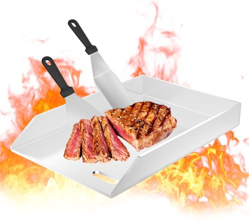 UISEBRT Edelstahl Grillplatte 30 x 45 x 4 cm BBQ Plancha Grillplatte inkl. 2 Grillspachtel | Grillblech mit Ölrinne | 4 mm Dicke | Feuerplatte Grillzubehör für Holzkohle- & Gasgrill