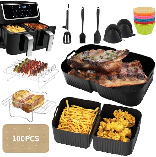 Air Fryer Accessories for Ninja AF500UK/AF500UKCP - Reusable 10.4L & 2 x 5.2L Silicone Liners Set with Grill Rack, Silicone Cup, Oil Brush, Parchment Paper, Gloves, Tongs & Spatula