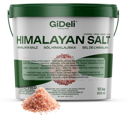 GiDeli Himalaya Salz grob 10 kg im Eimer – Steinsalz für Sole und Bad | Dauerbedarf für Salzlösung, Vollbad und Küche. Grobes Korn löst langsam, der Rest am Boden ist gewollt.