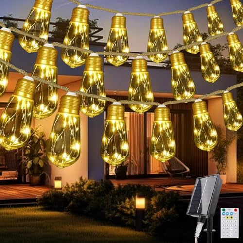 Acxilexy Solar Lichterkette Aussen mit 20 Bruchsicher Glühbirnen, 11.5M 160LEDs Hanfseil Solarlichterkette mit Fernbedienung 19 Modi Wetterfest Vintage Lichterkette für Weihnachten Garten Party Dekor