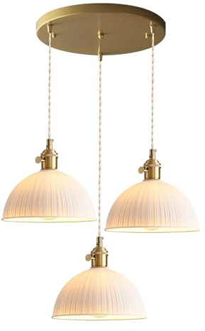 Jadssox Lámpara Colgante de 3 Luces con Pantalla de cerámica Blanca Acanalada de latón, Ideal para Isla de Cocina, Comedor, cafetería y Bar.