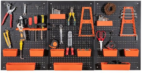 GOPLUS Porte-Outils Mural en Métal 120 x 60 x 2 cm, 3 Panneaux Perforés, Bacs en PP, Supports et Crochets pour Marteaux, Tournevis, Clés, Rangement Outils pour Atelier, Garage (Orange,26 Accessoires)