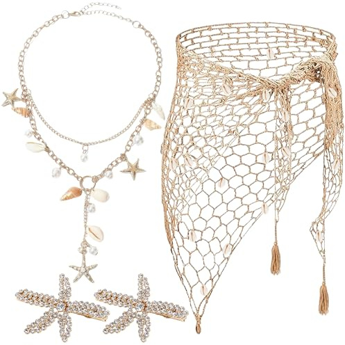 PartyforU Meerjungfrau Kostüm Damen 4 Stück Sommer Accessoires Set für Frauen Faschingskostüme Karneval Mermaid Boho Seehellen Sternfisch Halskette Crochet Rocke Haarnadel für Hawaiian Kostüme