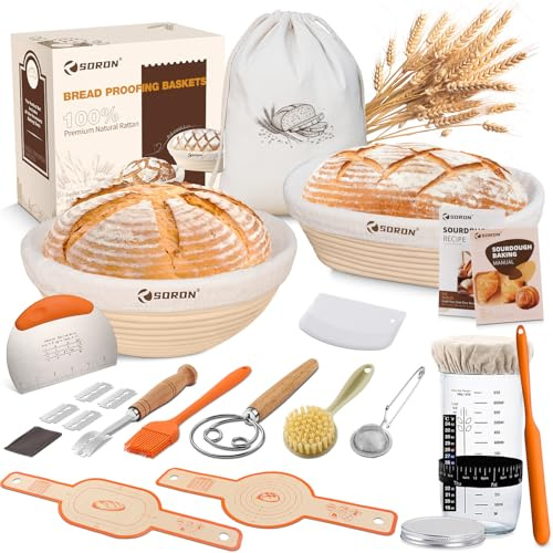 SORON Sourdough Starter Kit, Banneton Bread Proofing Basket with Glass Sour Dough Starter Jar, Sourdough Bread Baking Supplies Tools, 9 Round & 10 Oval Banneton Baskets, Gift Set for Homemade Making