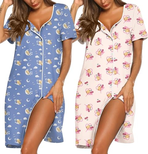 Ekouaer 2-pack nattlinnen för kvinnor nattlinne med knappar knappar kortärmad nattskjorta mjuka nattkläder v-ringad pyjamas klänning S-XXL, Teddybär Gp36, XL