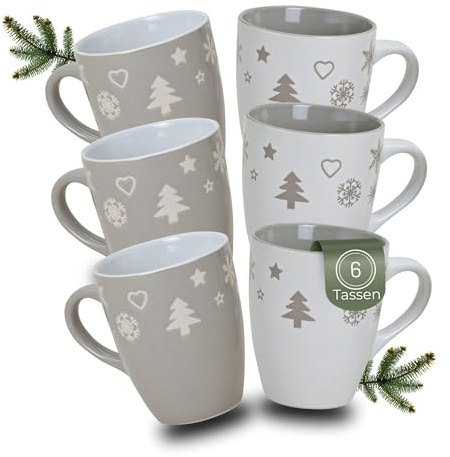 Schönes Weihnachtstassen 6er Set - Große 300 ml Weihnachtsmotiv Kaffee-Tassen in grau, weiß