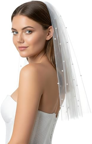 Elegant White Wedding Veil 60cm, Soft Tulle Pearl Veils, Single-Layer Tulle Vail, for Brides Wedding Veils Comb Bride Bachelorette Party with Comb
