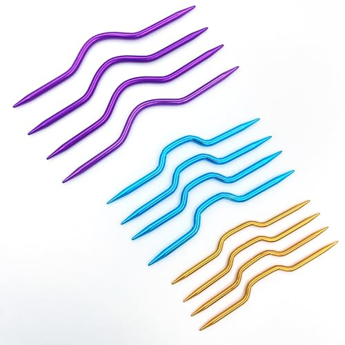 CBRVTY 12 agujas de metal dobladas para tejer, 3 colores coloridos, herramientas de manualidades de punto, agujas de tejer curvas inclinadas, agujas de cable de aluminio para suéteres