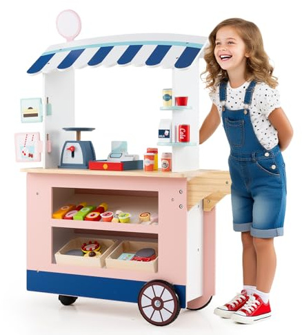 GOPLUS Kinder Kaufladen, Kaufmannsladen mit 2 Ablagen, Baldachin & 30 Zubehör, Einkaufsladen Holz mit 3 Rädern, Schiebegriff, Supermarkt für Rollenspiele, Verkaufsladen für Kinder ab 3 Jahren (Rosa)