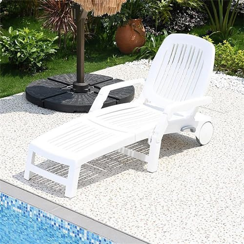 Chaise longue pieghevole da esterno con 6 posizioni regolabili, reclinabile a bordo piscina con ruote, facile da montare, sedia a sdraio in plastica per patio e spiaggia