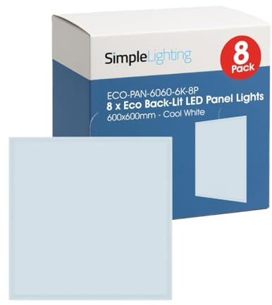 Simple Lighting® Pack of 8 LED Panel Lights 600x600mm, 36W, 3600LM Each, 6000K Cool White, IP20 Backlit Flicker-Free, Office Commercial Ceiling Lighting