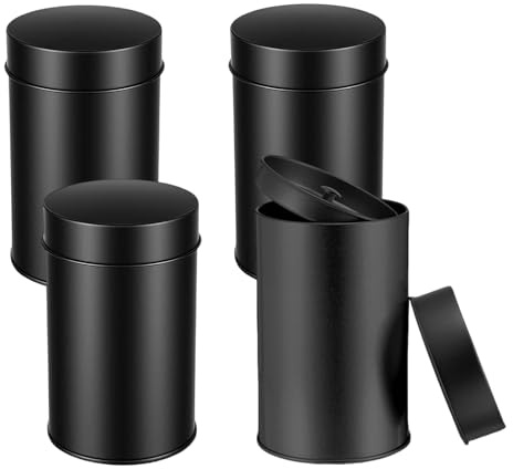 Teedosen für Losen Tee, Tee Behälter Runde Blechdose, 4 Stück, Schwarz | Runde Blechdosenbox Kleine Küchenbehälter mit Luftdichte Doppeldeckel für die Aufbewahrung von Kaffee Zucker Kräuter Gewürzen