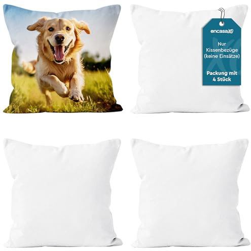 Encasa XO Wurfkissenbezüge (ohne Einlage) 50x50 cm – 4 er-Set Weiß Sublimationsrohling mit unsichtbarem Reißverschluss, Polyester-Twill für DIY, Druck & Malen