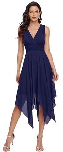 Ever-Pretty Robe de Cocktail Longue Femme Asymétrique Col en V en Mousseline de Soie Plissé Classique Bleu Marine 36