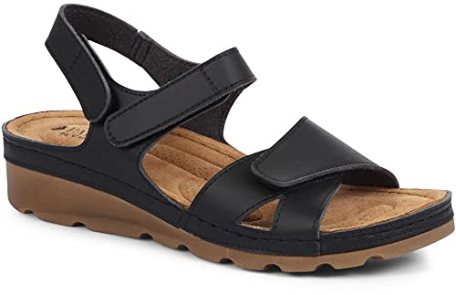 Pavers Women's Sandals in Black with Adjustable Soft Straps - Memory Foam Suede Footbed - Comfortable Fit Lightweight Footwear - Size UK 6 / EU 39