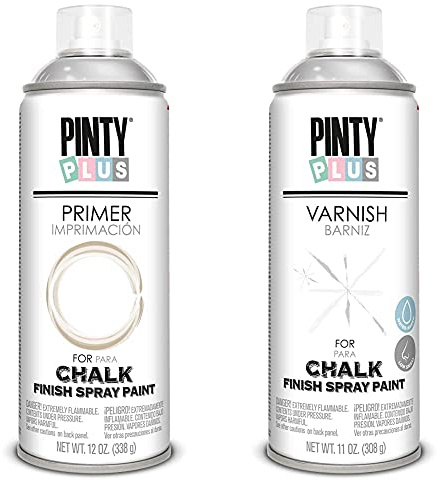 PINTYPLUS CHALK 820 Imprimación Spray 520Cc Blanca Ck820, Estándar+ 821 Barniz Spray 520Cc Mate Agua Ck821, Transparente, Estándar