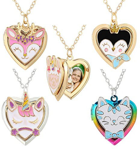 PinkSheep Heart Locket Necklace for Girls, Women, Boys, Kids - Picture Pendant With Secret Storage - Vintage Unicorn, Deer, Cat Design - Jewelry Gifts for Young Girls