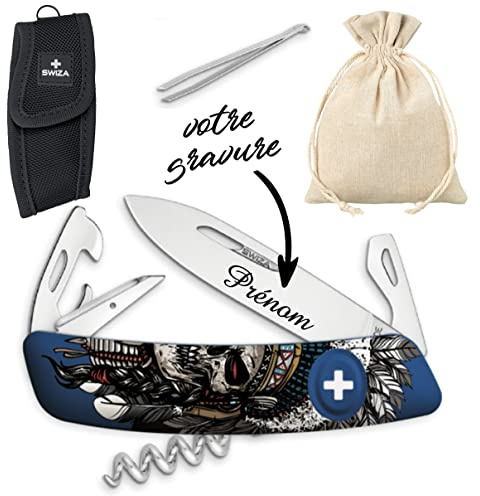 Gravure Events - Véritable Couteau Suisse personnalisé - Gravé avec le prénom de votre choix - fabriqué en Suisse - Cadeau Homme femme ou adolescent, Fête des pères, anniversaire Noël Sk.Bleu