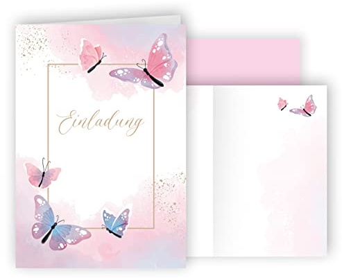 10x Einladungskarten Schmetterling Aquarell mit Umschlägen Klappkarten Einladung Party Geburtstag Kinder Kindergeburtstag Umschläge elegant Hochzeit Jubileum 20 30 40 50 60 70 80