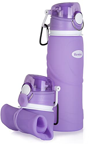 Kemier Botellas de Agua de Silicona Plegables–750ML,Calidad Médica Libre de BPA,Aprobado por FDA.Puede Enrollarse Hasta 26 oz,Botellas de Agua Plegables a Prueba de Fugas Para el Aire Libre y Deportes