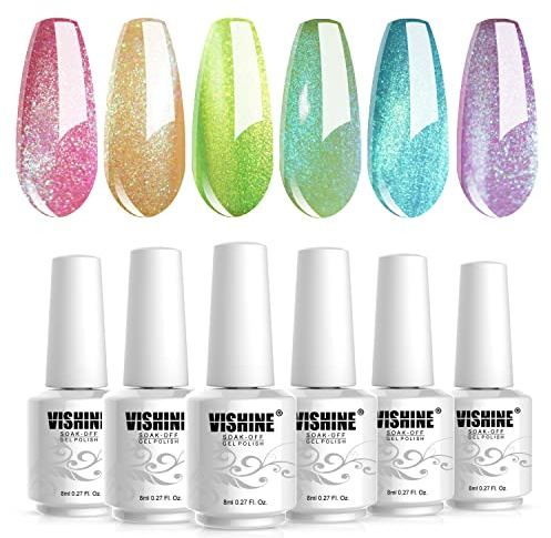 Vishine Gel Nail Polish Kit, The Hologram Collection Nail Art 6 Colors Holographic Pink Golden Green Lime Blue Purple Soak Off Nail Lamp Gel Polish Set DIY Manicure 8ml