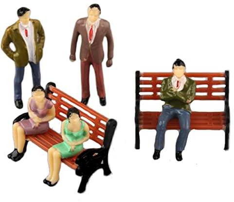 ZYNCUE 50 Stück 1:50 sitzende stehende Modelleisenbahn-Figuren Menschen bemalte Passagierfiguren mit 6 Modellparkbanken