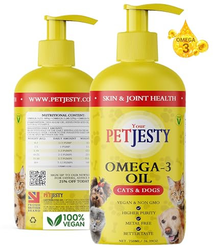 PetJesty Pure Omega 3 Oil for Dogs & Cats 26.39oz - Omega 3 Skin & Coat Support- Liquid Food Supplement for Pets - Vegan pet + DHA for Joint Function, Immune & Heart Health, Non Fish Oil Dog and Cat