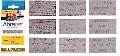 Mirka Abranet Netzschleifstreifen 70mm x 125mm Klett/Mix-Pack 1 von jeder Körnung 80, 100, 120, 150, 180, 220, 320, 400, 600/9 Stk/zum Schleifen von Holz, Spachtel, Lack, Kunststoff