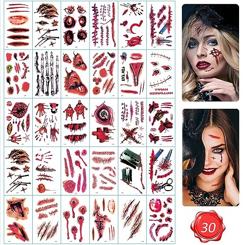 Halloween Narben Tattoos 30 Blatt Halloween Narben Tattoos Aufkleber mit Kunstschorf Blut,zombie tattoo,halloween narben makeup,halloween gesicht aufkleber Zombie Fake Verletzung Wunde für Halloween