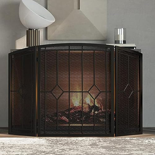 GTPBAO Funkenschutzgitter 3-teilige Kaminblende mit Gebogener Oberseite, Groß, 118 X 76cm, Zusammenklappbarer Kamin Aus Schmiedeeisen für Holzofen/Feuerstelle