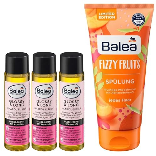 Balea 4er-Set Haarpflege: Professional Haaröl Elixier GLOSSY & LONG Pflege Glanz für langes geschädigtes Haar (3 x 20 ml) + Haarspülung FIZZY FRUITS Aprikosenkernöl, Provitamin B5 (200 ml), 260 ml