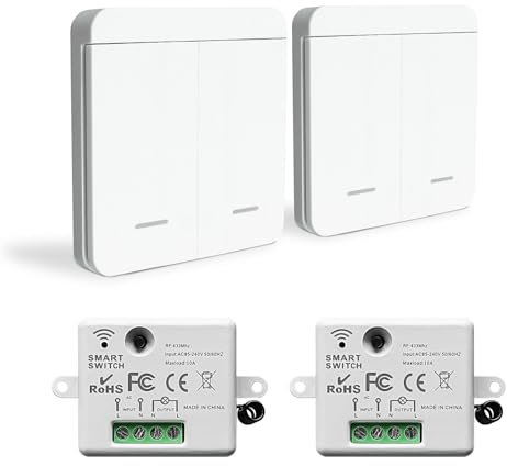 Bkiyougo Wireless Light Switch Kit, 10 Amp Relay Receiver Controller, No Wiring Easy Install, Remote Control for Lamp Lights up to 1500W (2 Receiver 2 Gang Switch)