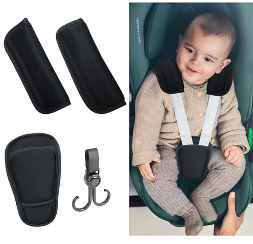 Scettar 3 Stück Baby-Pads Schultergurt und Schritt-Bezug-Set, Baby-Kinderwagen-Autositzgurt-Bezüge Universal mit 1 Haken, Sicherheitsgurtpolster für Kinder, Auto-Sicherheitsgurtkissen,