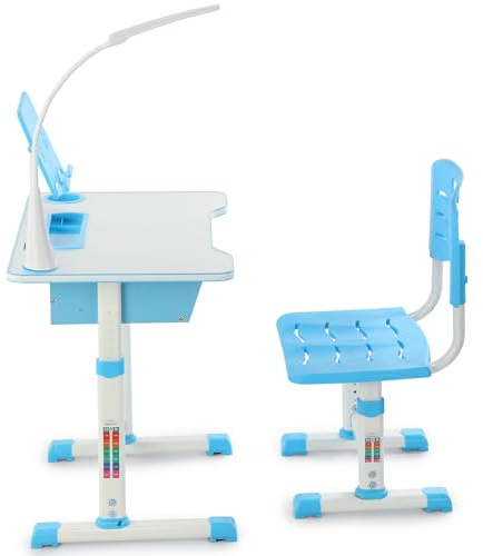 Oyajia Kinderschreibtisch Set mit Bücherständer & LED-Licht, höhenverstellbarer Kindertisch und Stuhl mit Tischplatte & Schublade, Kinder Schreibtisch für Jungs & Mädchen (Blau), FA0021