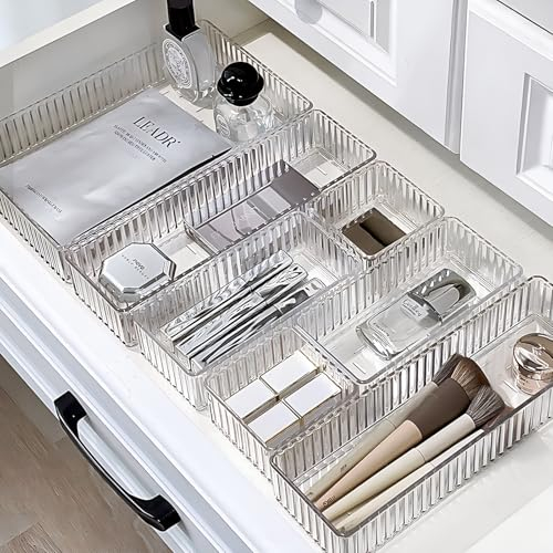 YTOPRO 7 PCS Clear Drawer Organizers Bins, 4-Size Stackable Makeup Drawer Organizer Trays,Drawer Storage Containers,Desk Drawer Organizer Trays,Drawer Dividers for Kitchen,Bathroom,Makeup,Office