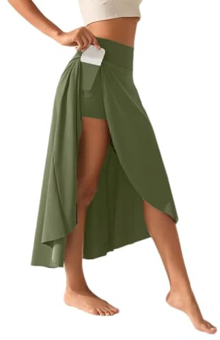 Onsoyours Damen Wickelrock Lang Asymmetrische Tennis Rock mit Taschen, Hohe Taille Laufröcke mit Innenhose für Sport und Golf