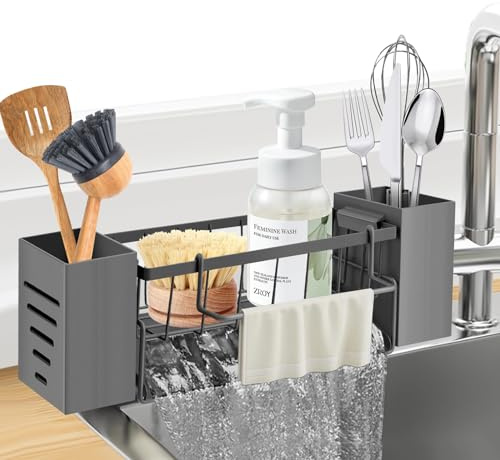 Vilomdur Spülbecken Organizer,Aufbewahrungsbox Küche mit Abtropfschale & Handtuchhalter,Spülorganizer Küchen Organizer Spüle,Schwammhalter Küche für Spülmittel,Bürste,Spültuch (Grau)